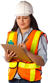 woman wearing orange safety jacket with halmet on head writing - Eotcranesinindia